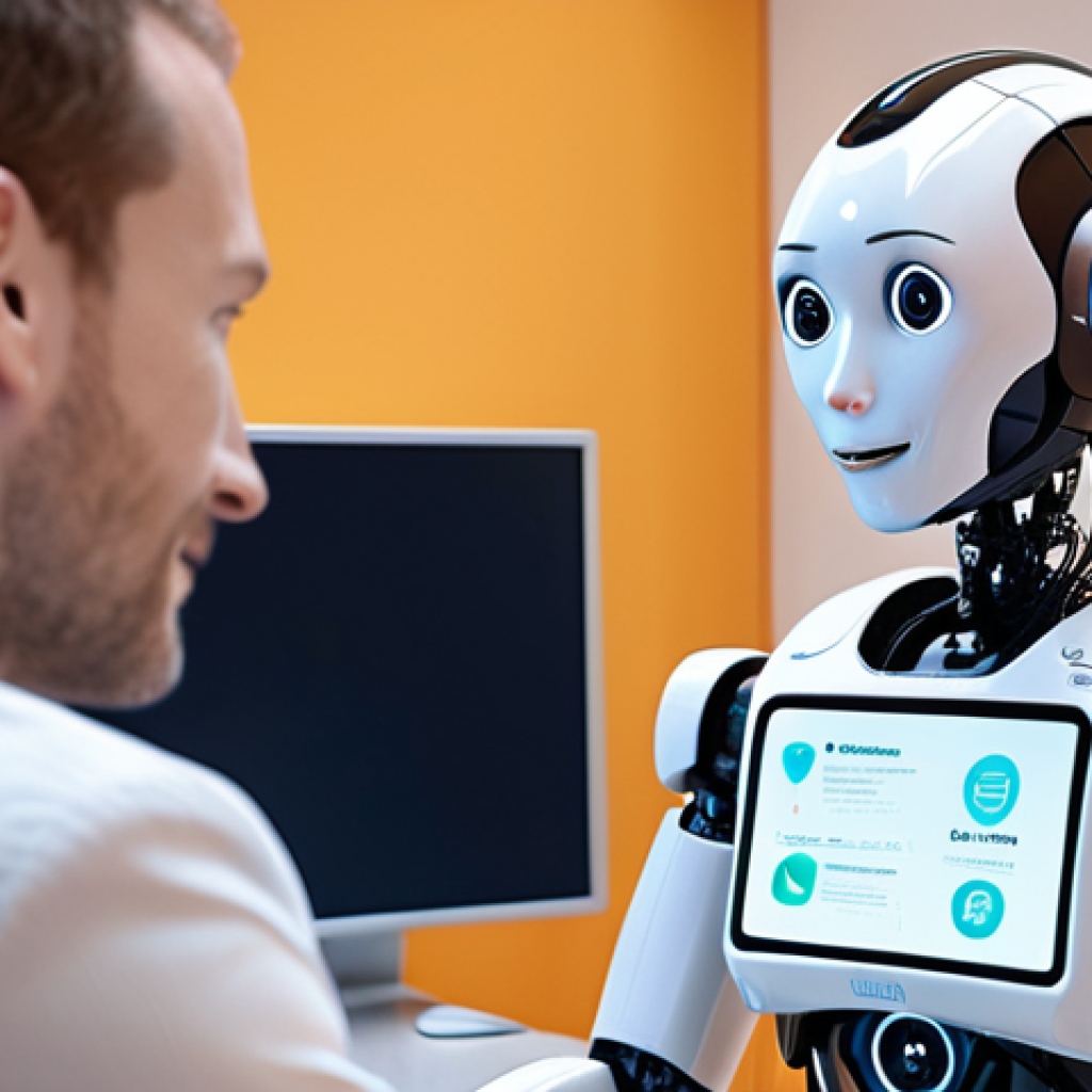 **

A friendly robot counselor with a warm, empathetic expression offering mental health advice in a bright, modern office setting. The robot has a screen displaying data analytics related to user emotions. Focus on portraying the blend of AI technology and human-like compassion.

**