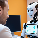 **

A friendly robot counselor with a warm, empathetic expression offering mental health advice in a bright, modern office setting. The robot has a screen displaying data analytics related to user emotions. Focus on portraying the blend of AI technology and human-like compassion.

**